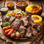 Podávaný pokrm Nyama Choma, grilované maso s zlatohnědou krustou na talíři, doplněný o tradiční přílohy jako Ugali a čerstvý zeleninový salát, na rustikálním dřevěném stole.