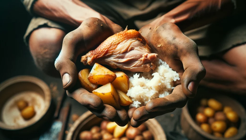 Detailní záběr osoby držící v jedné ruce kousek kuřete a v druhé pěst malé kousky brambor, zachycující přirozený a rustikální způsob jídla rukama, ilustrující intimní a bezprostřední zážitek konzumace jídla bez použití příborů, zdůrazňující textury a jednoduchost pokrmu.