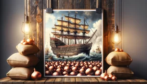 Detailní a živá široká fotografie zobrazující starověké cibule přepravované na staré lodi, reprezentující historický obchod a pohyb cibule. Scéna zahrnuje dřevěnou plachetnici naplněnou pytlí s cibulemi, vyobrazující rušnou obchodní atmosféru na moři. Obraz zachycuje podstatu starověkých námořních obchodních tras a důležitou roli cibule v nich.