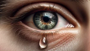 Detailní a široká fotografie zaměřená na lidské oko, ze kterého stéká slza, symbolizující běžnou reakci pláče při krájení cibule. Obraz zachycuje oko v detailním pohledu, s jednou slzou, která se kutálí dolů, zdůrazňující nedobrovolnou emoční reakci způsobenou uvolňováním dráždivých látek z cibule.
