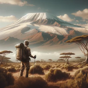 Turista stojící před majestátním Kilimandžárem s jeho sněhem pokrytým vrcholem na pozadí, obklopený trávnatou savanou a roztroušenými stromy.