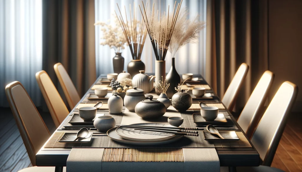 Moderní asijský jídelní stůl elegantně prostřený s hůlkami, včetně pokrmů asijské kuchyně, pečlivě umístěných hůlek a vkusných dekorací odrážejících asijskou estetiku, jako jsou bambusové podložky, porcelánové talíře a čajové sady, vytvářející harmonickou a lákavou atmosféru pro stolování.