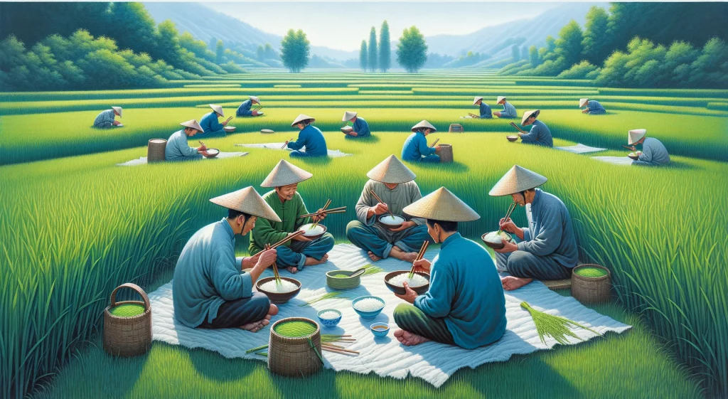 Scéna zobrazující čínské farmáře, jak jedí rýži hůlkami na rýžovém poli. Okolí je malebně zelené a farmáři si během přestávky v práci užívají jídlo, sedíce nebo dřepíce v poli a jedíce rýži z jednoduchých misek. Obrázek zachycuje esenci tradičního venkovského života v Číně a odrazí spojení mezi pěstovanými potravinami a způsobem, jakým jsou konzumovány.