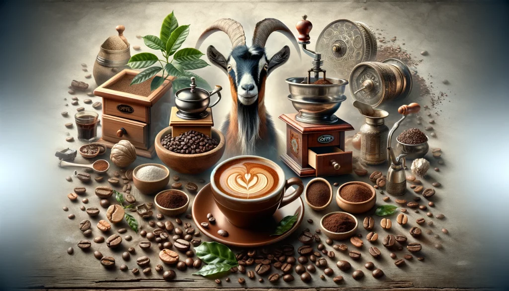 Širokoúhlá fotografie jako úvodní obrázek k článku o kávě, obohacená o další prvky. Obsahuje syrová kávová zrna, kávovník, šálky espressa a turecké kávy, mlýnek na kávu nebo kávovar a zobrazení kozy, symbolizující objev kávy. Kompozice je harmonická a poutavá, představuje rozmanitost světa kávy od jejích počátků po moderní přípravy. Obrázek bezproblémově spojuje tyto prvky, vytvářející vizuálně atraktivní reprezentaci cesty kávy a jejích různých kulturních a historických aspektů.