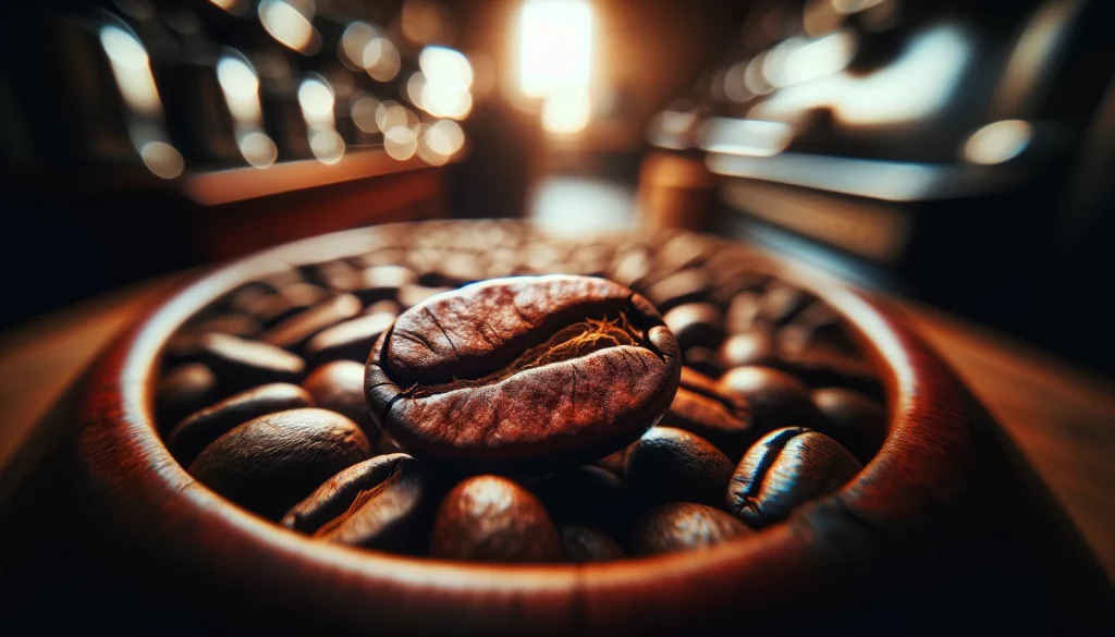 Širokoúhlá fotografie ve stylu detailního záběru na zrnko kávy. Obrázek zachycuje texturu a barevné nuance zrnka kávy, ukazuje jeho lesklý povrch a složité detaily tvaru. Pozadí je rozmazané, aby zdůraznilo zrnko kávy jako centrální bod obrázku. Fotografie poskytuje pocit hloubky a detailu, zvoucí diváka k obdivování krásy a složitosti jednoho zrnka kávy.