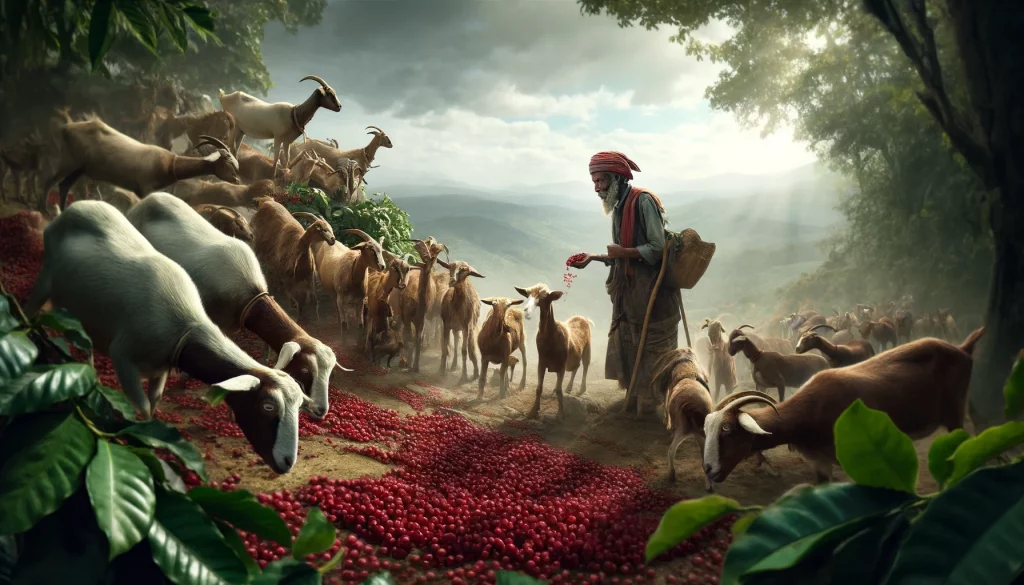 "Fotografie v širokoúhlém stylu zobrazuje etiopského pastýře a jeho kozy v přírodním venkovním prostředí. Pastýř pozoruje své kozy, které působí energicky a živě po požití červených bobulí kávovníku. Scéna zachycuje podstatu legendy o objevu kávy v Etiopii, se zaměřením na interakci mezi pastýřem, kozami a kávovými bobulemi. Obrázek připomíná realistickou fotografii s důrazem na přírodní krajinu a významné prvky: pastýře, kozy a kávové bobule.