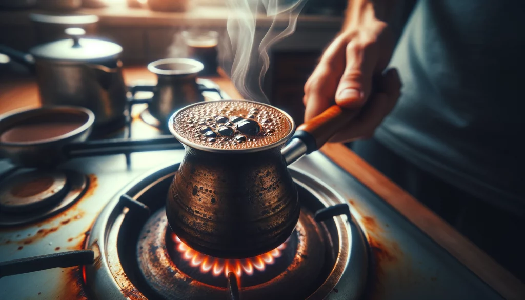 Širokoúhlá fotografie stylizovaná ukazuje přípravu turecké kávy v cezve (tradiční turecké kávové konvici). Obrázek zachycuje cezve umístěné na sporáku nebo nad otevřeným plamenem, s kávou, která začíná pěnit a stoupat. Zaměření je na cezve, ukazující bohatou, tmavou kávu uvnitř a bublinky, které se tvoří na povrchu, jak se zahřívá. Pozadí je jemně rozmazané, aby zdůraznilo proces přípravy kávy, zachycující tradiční metodu a kulturní význam vaření turecké kávy.