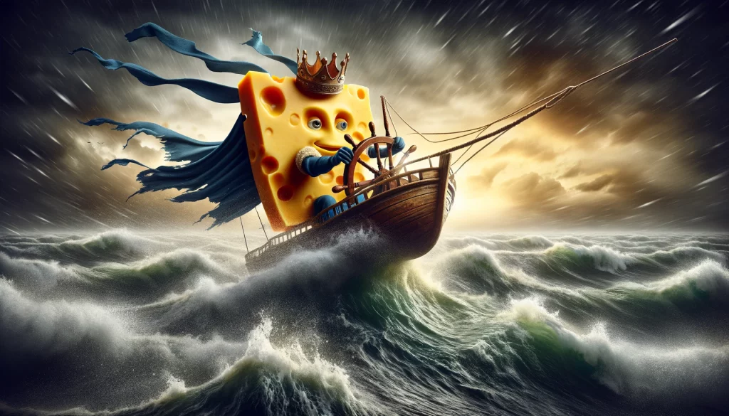 Širokoúhlá, bezrámová fotografie zobrazující Krále Sýru, jak kormidluje loď na rozbouřeném oceánu. Snímek se soustředí na personifikovaný sýr, majestátně vyobrazený jako král, který aktivně naviguje malou loď nebo plachetnici skrze divoké a dramatické vlny. Moře je znázorněno jako divoké a bouřlivé, zdůrazňující dobrodružnou a náročnou cestu. Fotografie je živá, dynamická a plná pohybu, zachycující podstatu Krále Sýru na jeho epické plavbě.