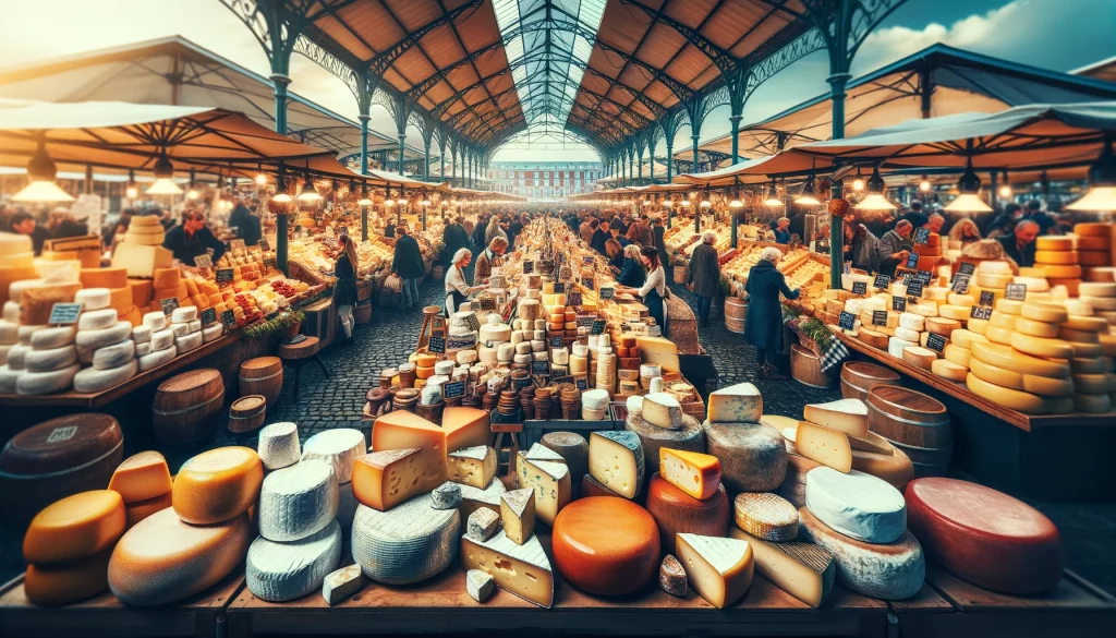 Širokoúhlá fotografie zachycující rušnou atmosféru tradičního trhu se sýry. Scéna zahrnuje různé stánky s širokou nabídkou sýrů, od kol po klínky. Zdůrazněna je živá činnost trhu s nákupčími prohlížejícími si zboží a prodejci, kteří prezentují své produkty. Snímek se soustředí na samotný sýr, ukazuje jeho rozmanitost a hojnost, umístěný na pozadí rušného trhu plného lidí, trhových slunečníků a autentické tržní dekorace.