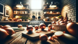 Širokoúhlá fotografie zobrazující kuchyňskou scénu zaměřenou na cibuli. Obraz zahrnuje kuchyňskou linku s různými formami cibule (celé, nakrájené, kostičky) a vařícími nástroji. Scéna zachycuje zásadní roli cibule v vaření, zdůrazňuje její přítomnost v domácím kuchyňském prostředí, s teplou a příjemnou atmosférou.
