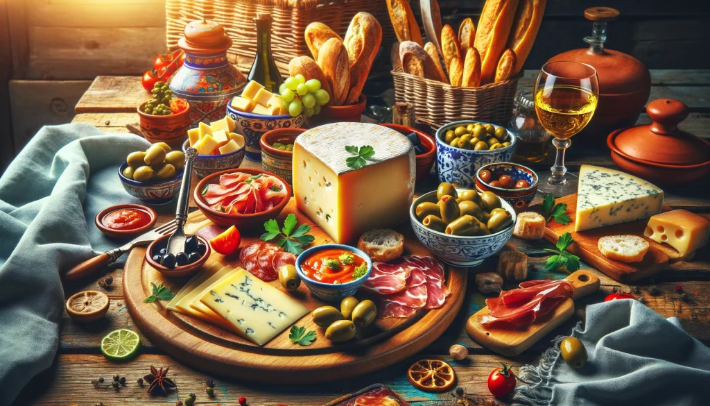 Širokoúhlá fotografie ukazuje španělské využití sýra v tradičních pokrmech. Snímek prezentuje různé španělské sýry, jako je Manchego, které jsou používány v tapas, často kombinované s olivami nebo jamónem. Scéna zahrnuje živé a barevné prostředí, odrážející bohatou a dynamickou kulinářskou kulturu Španělska. Na obrázku jsou vidět prvky typické pro španělskou kuchyni, jako rustikální stůl a výběr tapas, zdůrazňující klíčovou roli sýra ve španělské gastronomii.