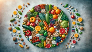 "Širokoúhlá fotografie představující skupinu vitamínů, ukazující různé druhy vitamínových pilulek a přírodních zdrojů bohatých na vitamíny. Obraz zahrnuje barevnou škálu ovoce, zeleniny a doplňků stravy, symbolizující rozmanitý rozsah nezbytných vitamínů potřebných pro zdraví a pohodu.