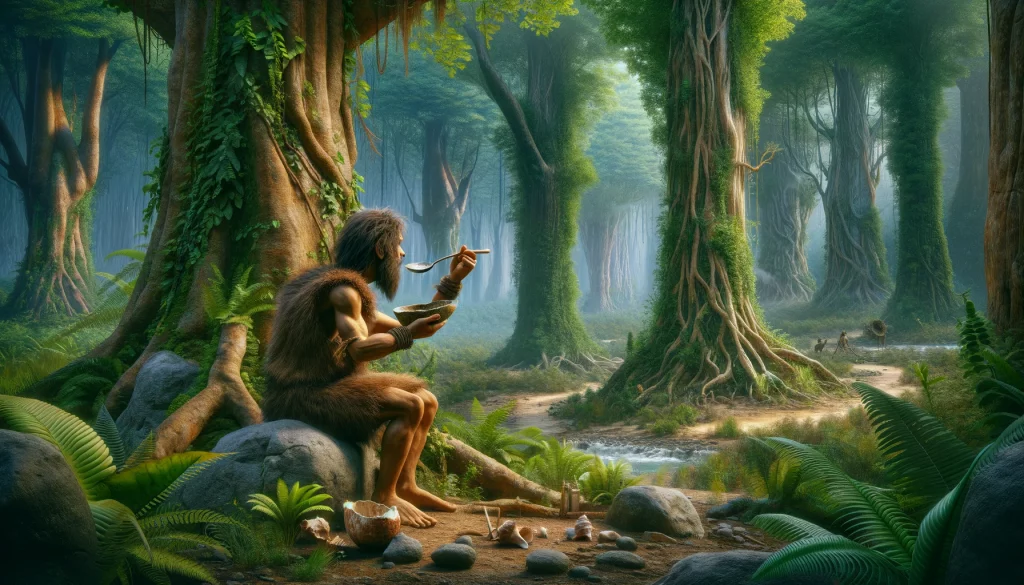 Scéna z pralesa ve starověku, kde osoba v primitivním oděvu používá lžíci vyrobenou z mušle k jídlu, obklopena hustou vegetací a starodávnými stromy, evokující dojem nedotčeného, pravěkého světa.