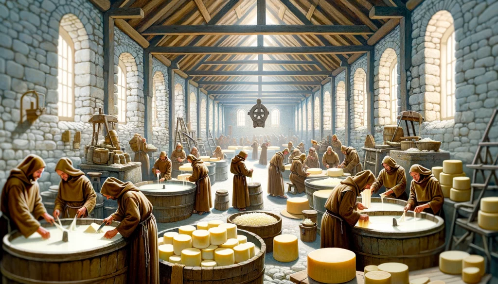 Ilustrace zobrazuje proces výroby sýra v prostředí kláštera, kde mniši jsou zapojeni do různých fází tradiční výroby sýra. Scéna ukazuje interiér starého kláštera s kamennými zdmi a dřevěnými trámy, mniši míchají mléko ve velkých nádobách, krájí sraženinu a lisují sýr do forem. Atmosféra vyzařuje klid a oddanost, což zdůrazňuje mnišské oddání umění výroby sýra.