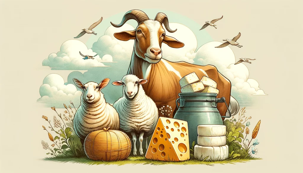 Ilustrace zobrazuje kozu, ovci, krávu a v hlavní roli sýr v harmonickém a hravém prostředí, pravděpodobně na pastvině. Sýr je umístěn v centru obrázku, větší než ostatní prvky, což symbolizuje jeho význam plynoucí z mléka těchto zvířat. Celkový obraz vyjadřuje přirozený a zásadní vztah mezi dojnicími zvířaty a výrobou sýra.