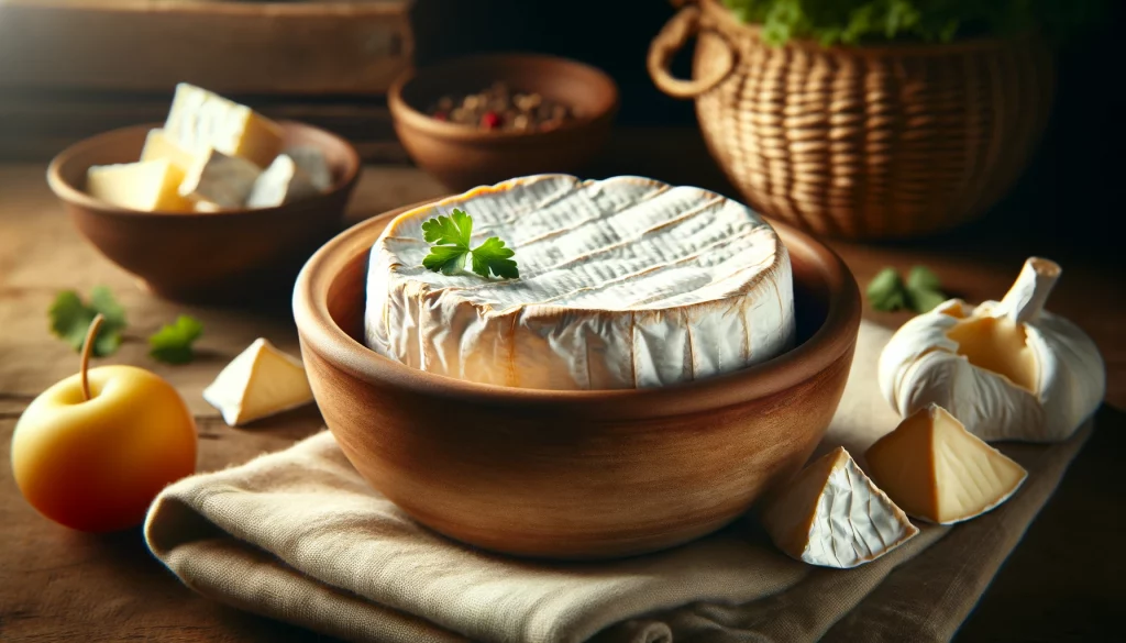 Ilustrační fotografie zobrazuje sýr Camembert v misce, zaměřuje se na jeho měkkou, zralou texturu a květovou kůru. Snímek ukazuje krémovou, bujnou povahu Camembertu, prezentovaného v keramické misce, což zdůrazňuje rustikální kouzlo a bohatou chuť sýra. Prostředí je teplé a přívětivé, zvýrazňující roztíratelnou texturu sýra a tradiční francouzskou přitažlivost.