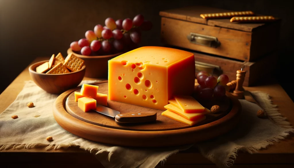 Ilustrační fotografie zobrazuje Cheddar sýr na podnosu nebo prkénku. Na snímku je buď blok nebo klínky Cheddar sýra, které vynikají svou výraznou oranžovo-žlutou barvou a bohatou texturou. Sýr je umělecky uspořádán na dřevěném podnosu nebo rustikálním prkénku, možná doplněný o několik krekérů nebo hroznů, což zvyšuje jeho vizuální atraktivitu. Prostředí je jednoduché, ale elegantní, zdůrazňující přirozenou krásu a přitažlivost Cheddar sýra.