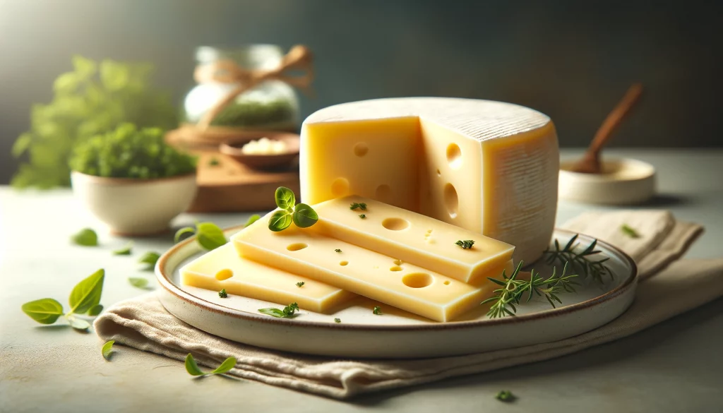"Ilustrační fotografie zobrazuje Havarti sýr na talíři. Na snímku jsou vidět plátky nebo kus Havarti sýra, které zvýrazňují jeho krémovou texturu a světle žlutou barvu. Sýr je elegantně prezentován na talíři, možná doprovázený čerstvými bylinkami nebo jemnou ozdobou, která zvyšuje jeho vizuální atraktivitu. Prostředí je jednoduché, ale přívětivé, zdůrazňující měkkou a mírnou povahu Havarti sýra.