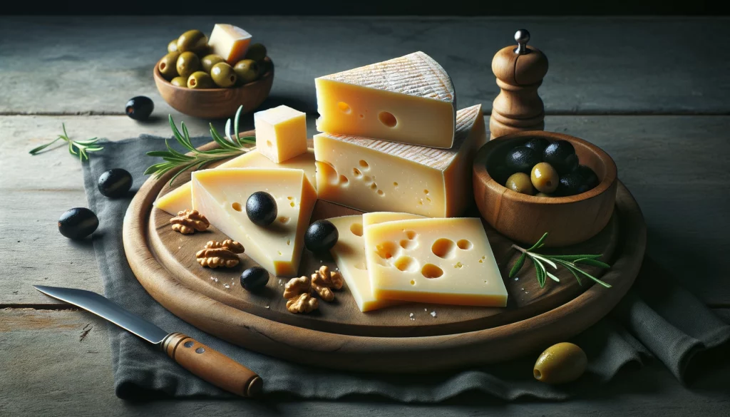 Ilustrační fotografie zobrazuje Pecorino sýr na podnosu nebo prkénku. Snímek ukazuje klínky nebo plátky Pecorino sýra, které vynikají svou typickou tvrdou texturou a světle žlutou barvou. Sýr je umělecky uspořádán na dřevěném podnosu nebo rustikálním prkénku, doplněný o olivy, ořechy nebo snítku rozmarýnu, což zvyšuje jeho vizuální atraktivitu. Prostředí je jednoduché, ale elegantní, s důrazem na přirozenou krásu a přitažlivost Pecorino sýra.