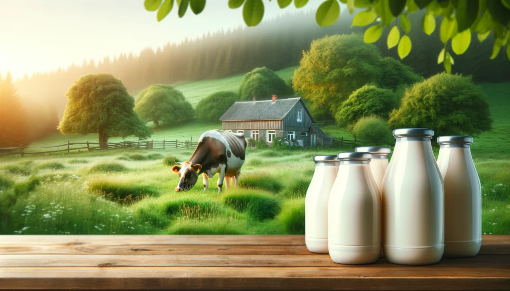 Fotografie zachycuje krávu, která se pase na zelené louce poblíž chalupy, před kterou jsou umístěny nádoby na mléko. Snímek zobrazuje klidnou venkovskou scénu, kde se kráva těší na bujné trávě v poklidném prostředí. V pozadí je vidět malebná chalupa s mléčnými nádobami umístěnými venku, symbolizující spojení mezi mlékárenským hospodářstvím a venkovským životem. Celková scéna vyjadřuje pocit jednoduchosti, klidu a přirozeného procesu výroby mléka pro výrobu sýra.