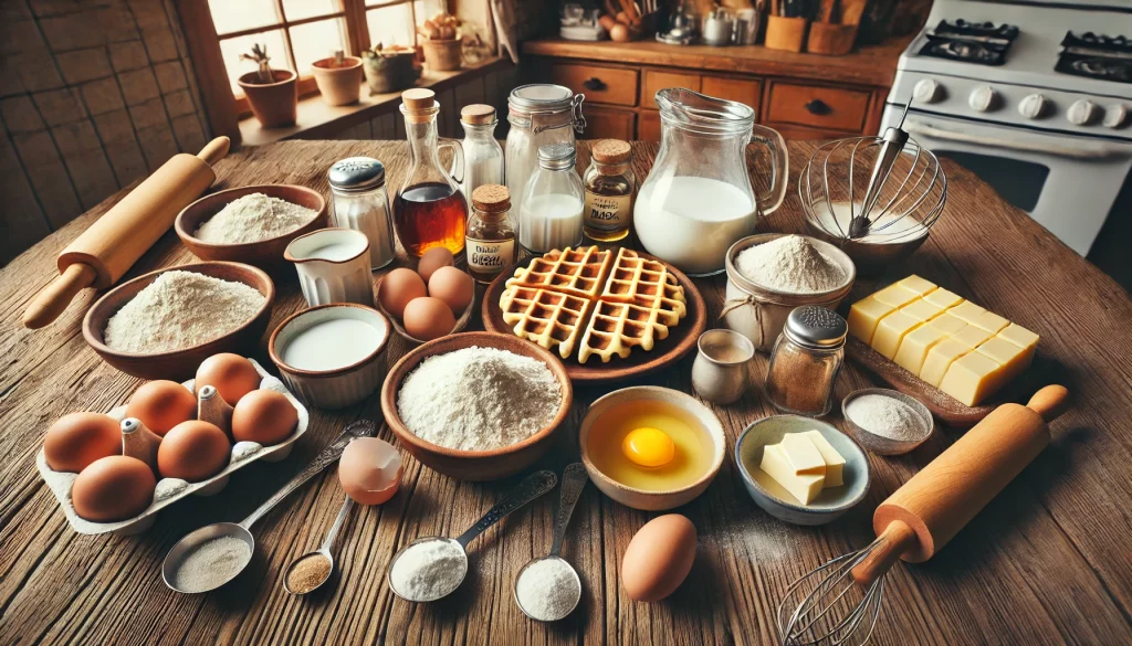 Širokoúhlá fotografie ingrediencí na přípravu vaflí, rozložených na rustikálním dřevěném stole. Ingredience zahrnují mouku, cukr, vejce, mléko, máslo, prášek do pečiva a vanilkový extrakt, všechny umístěné v samostatných miskách a nádobách. Na stole jsou také odměrky a metlička. V pozadí je útulné kuchyňské prostředí s teplým osvětlením a tradičními kuchyňskými nástroji.