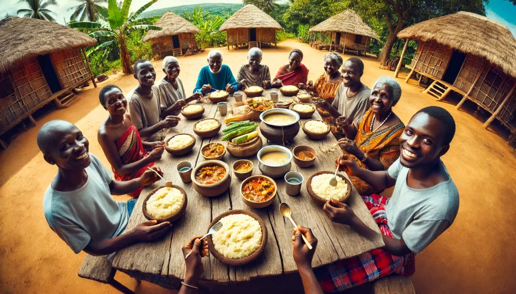 Širokoúhlá fotografie zobrazující skupinu Afričanů, jak si společně vychutnávají jídlo. Sedí kolem velkého rustikálního dřevěného stolu venku, na stole jsou mísy s Ugalim a různými přílohami, jako jsou dušená jídla a zelenina. Lidé se usmívají a používají ruce k jídlu Ugali a nabírání příloh. V pozadí je bujná zeleň a tradiční africké chýše, což vytváří teplou a přívětivou atmosféru.