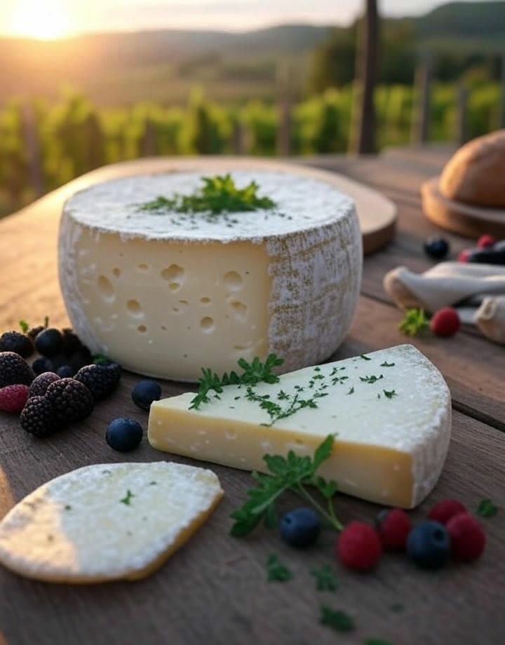 Fotografie ilustrace sýra Époisses de Bourgogne na dřevěném stole za západu slunce. Sýr má krémovou barvu s viditelnými dírkami a je umístěn na kruhové podložce. Vedle něj jsou zelené bylinky a pár bobulí, s rozmazaným venkovským pozadím.