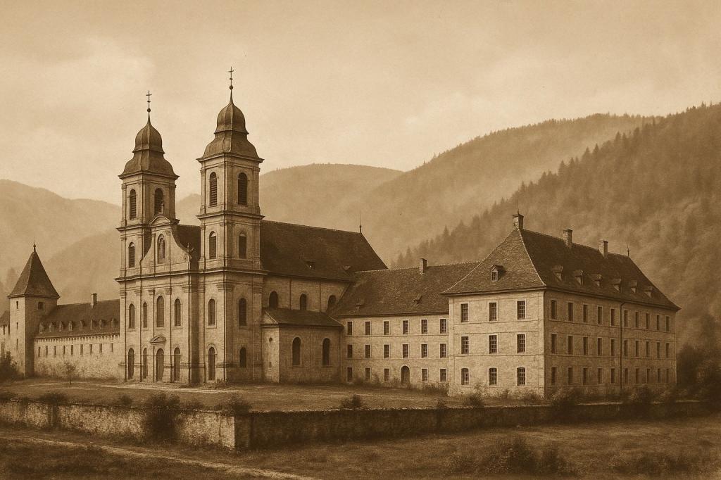 Širokoúhlý sepia tónovaný historický snímek opatství Bellelay z 19. století, zachycující impozantní kamenné budovy kláštera s dvojicí zvonicových věží obklopených lesnatými kopci Jurských hor, vše rámované starobylou kamennou zdí.