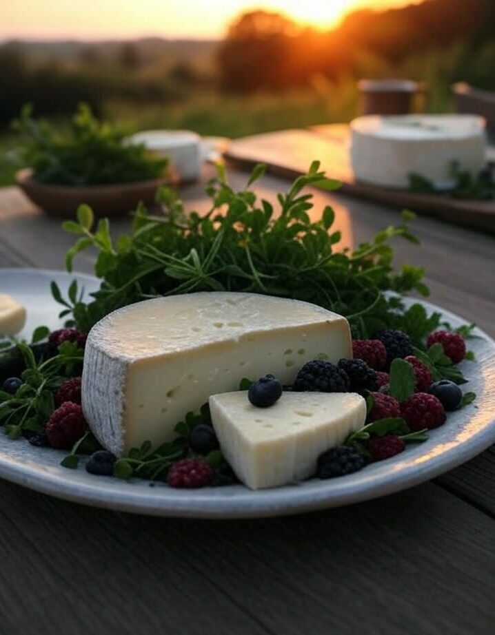 Fotografie ilustrace sýra Époisses de Bourgogne podávaného na dřevěném stole za západu slunce. Sýr je krémový s dírkami, podáván v kusech, obklopený zelenými bylinkami a bobulemi. Na stole je také chléb, s rozmazaným pozadím burgundské krajiny.