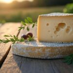 Fotografie širokoúhlé ilustrace sýra Époisses de Bourgogne na dřevěném stole za západu slunce. Sýr má krémovou barvu s viditelnými dírkami a je umístěn na kruhové podložce. Vedle něj jsou zelené bylinky a pár bobulí, s rozmazaným venkovským pozadím.