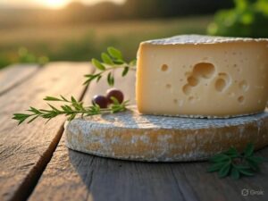 Fotografie širokoúhlé ilustrace sýra Époisses de Bourgogne na dřevěném stole za západu slunce. Sýr má krémovou barvu s viditelnými dírkami a je umístěn na kruhové podložce. Vedle něj jsou zelené bylinky a pár bobulí, s rozmazaným venkovským pozadím.
