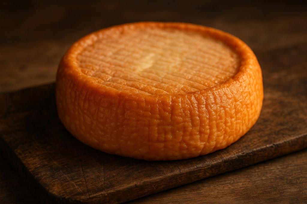 Širokoúhlý záběr kolečka sýra Époisses de Bourgogne – jeho lesklá, sytě oranžová kůrka a krémové, mírně vytékající jádro na oprýskané dřevěné krájecí desce ve teplém, měkkém světle.