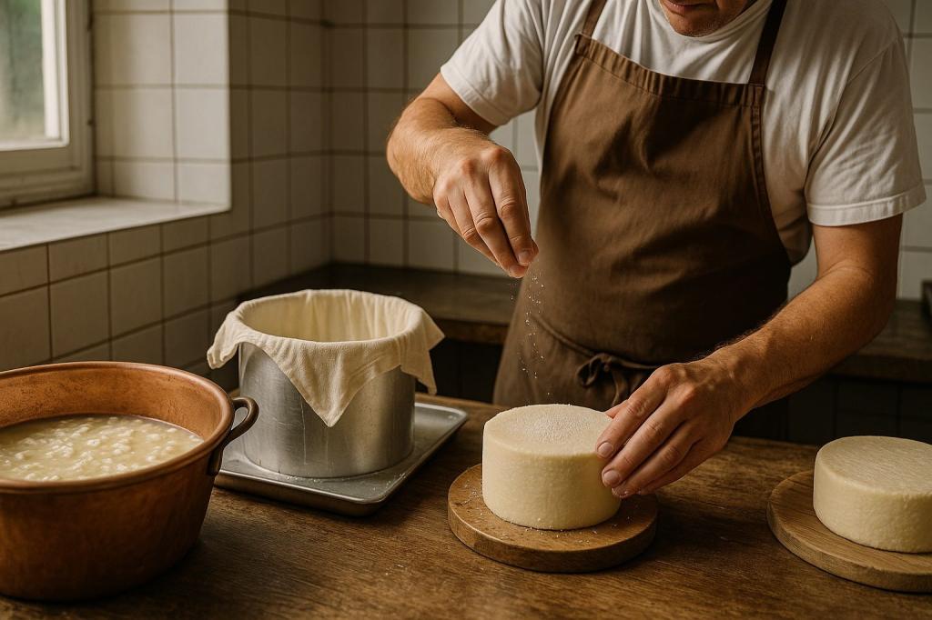 Artisan ve sýrárně posypává solí čerstvě lisované sýrové kolečko položené na dřevěném prkně; v popředí měděná nádoba s tvarohovou hmotou, uprostřed kovový hrnec obložený plátnem a v pozadí světlá dlaždicová stěna a pracovně osvětlené okno.