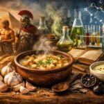 Ilustrační širokoúhlý snímek česnekové polévky zachycující evoluci česnečky od antických kořenů přes lidovou kuchyni až po moderní gastronomii – česnek, chléb, vývar a kulturní symbolika v jednom obraze.