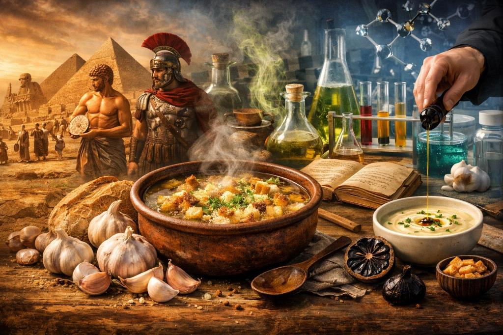 Ilustrační širokoúhlý snímek česnekové polévky zachycující evoluci česnečky od antických kořenů přes lidovou kuchyni až po moderní gastronomii – česnek, chléb, vývar a kulturní symbolika v jednom obraze.