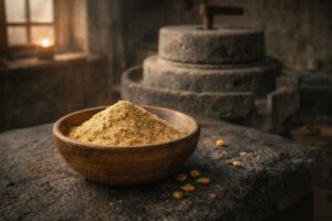 Tradiční kanárské gofio – pražená celozrnná mouka z kukuřice v dřevěné misce na vulkanickém kameni, s historickým kamenným mlýnem v pozadí, symbol potravinové tradice Kanárských ostrovů.