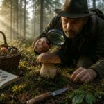 Houbař v ranním lese zkoumá velký hřib lupou, vedle něj leží košík plný hub, houbařský atlas a nůž.
