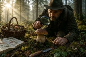 Houbař v ranním lese zkoumá velký hřib lupou, vedle něj leží košík plný hub, houbařský atlas a nůž.