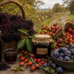 Košíky plné bezinek, šípků a trnek vedle domácího sirupu a marmelády na venkovském stole. Fotografie připomíná, že volně rostoucí plody české krajiny jsou cennou součástí tradiční kuchyně i moderního sběračství.