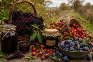 Košíky plné bezinek, šípků a trnek vedle domácího sirupu a marmelády na venkovském stole. Fotografie připomíná, že volně rostoucí plody české krajiny jsou cennou součástí tradiční kuchyně i moderního sběračství.