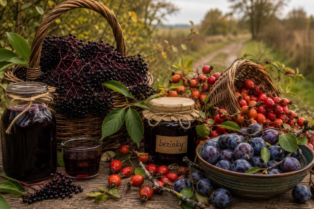 Košíky plné bezinek, šípků a trnek vedle domácího sirupu a marmelády na venkovském stole. Fotografie připomíná, že volně rostoucí plody české krajiny jsou cennou součástí tradiční kuchyně i moderního sběračství.
