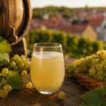 Sklenice čerstvého burčáku obklopená hrozny a vinnou révou na dřevěném stole s moravskou vinařskou krajinou v pozadí.