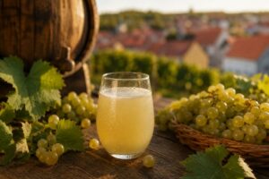 Sklenice čerstvého burčáku obklopená hrozny a vinnou révou na dřevěném stole s moravskou vinařskou krajinou v pozadí.