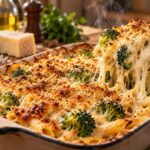 Zapečené penne s brokolicí v krémové sýrové omáčce se zlatavou křupavou kůrkou, servírované přímo z pekáče.
