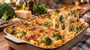 Zapečené penne s brokolicí v krémové sýrové omáčce se zlatavou křupavou kůrkou, servírované přímo z pekáče.