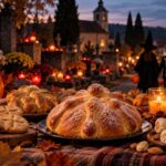 Dušičky a Halloween: pan de muerto, pečivo, svíčky, vyřezávaná dýně a cukrové lebky na venkovském hřbitově