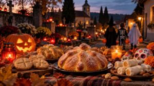 Dušičky a Halloween: pan de muerto, pečivo, svíčky, vyřezávaná dýně a cukrové lebky na venkovském hřbitově