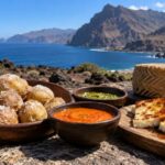 Guančové a kanárská kuchyně: papas arrugadas s mojem, grilovaný kozí sýr a palmový sirup na pozadí sopečné krajiny