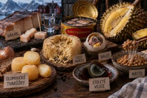 Nejodpornější jídla světa na jednom stole: hákarl, surströmming, casu marzu, balut, natto, durian a tvarůžky