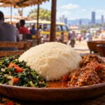 Tradiční východoafrické ugali podávané s dušenou listovou zeleninou sukuma wiki a masem v omáčce v pouliční jídelně v Nairobi.